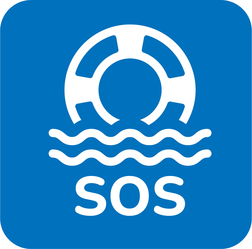 IMO Collection pictorial depicting a ring lifebuoy sent out to sea with the text SOS under it.